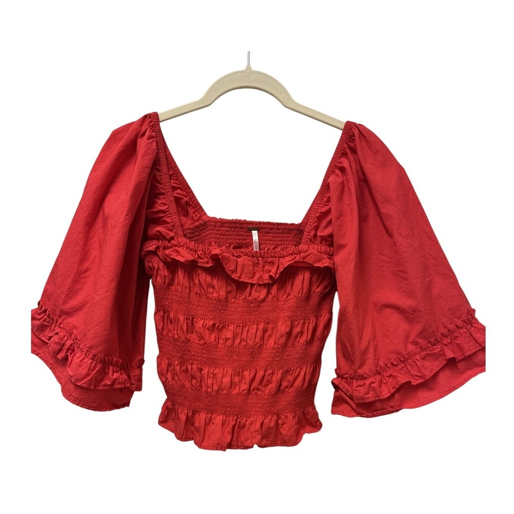 Free People Red Smocked Ruffle Bell Sleeve Crop Top Square Neck XS